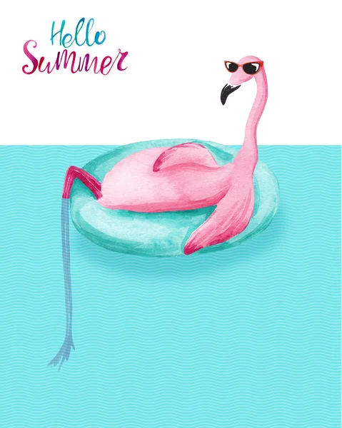 Watercolor Flamingo Relaxing Inflatable Float Ring Hello Summer Card Royalty Free Stock Images