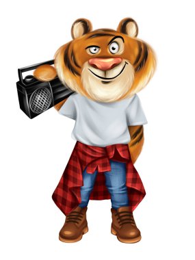Komik kaplan müzik dinliyor. Moda hayvan çizimi. Kaplan 'ın Çin Yeni Yılı