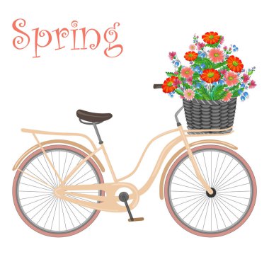 Bir sepet dolusu çiçekli bisiklet. Beyaz arkaplanda el çizimi çiçek çizimi