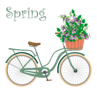 Bir sepet dolusu çiçekli bisiklet. Beyaz arkaplanda el çizimi çiçek çizimi