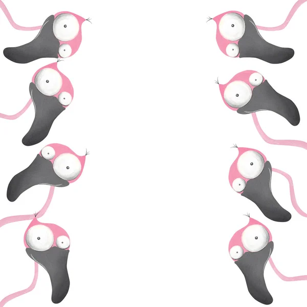 Funny Flamingos Look Corner Hand Drawn Flamingo Frame Illustration Stock Photo