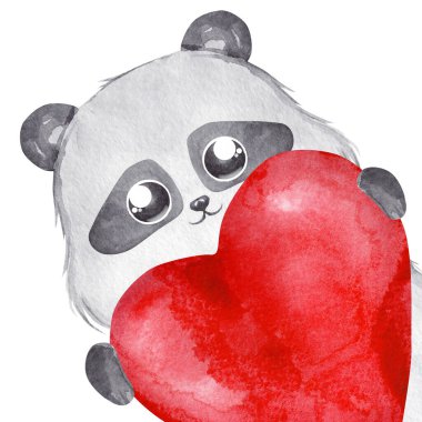 Panda büyük kırmızı bir kalp tutuyor. Suluboya çocuk resimleri