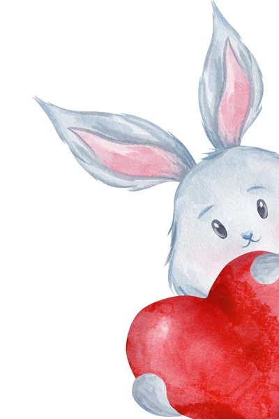 Kırmızı Kalpli Şirin Bir Tavşancık Suluboya Çocuk Resimleri — Stok fotoğraf