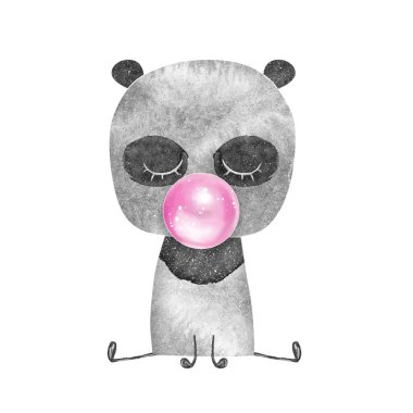 Şirin panda sakız üflüyor. Panda çocuk koleksiyonu