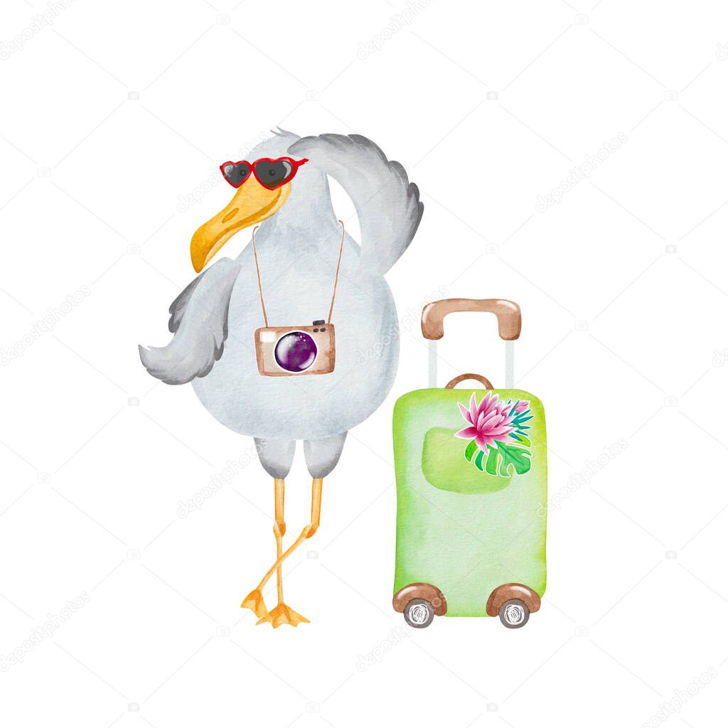 Watercolor seagull with suitcase and camera. Hello Summer card