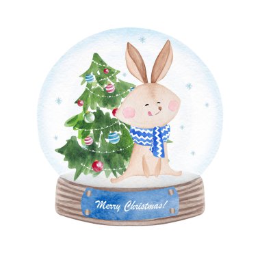 Kar küresindeki suluboya sevimli tavşan