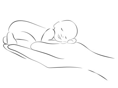 Bir elde uyuyan bebek, stilize çizgi logosu. Basit çizgiler vektör illüstrasyonu. Logolar, tabelalar, simgeler ve tasarım kartları, davetiyeler ve bebek partisi için stilize sanat