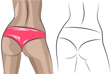 Güzel, çıplak bir kadın. Arkadan bak. Vektör kontur çizimi