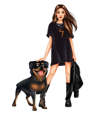 Rottweiler köpeği olan güzel bir kız. El çizimi moda illüstrasyonu