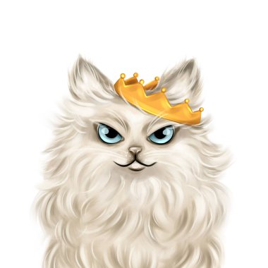 Kedi kralının komik portresi. El çizimi kedi portresi