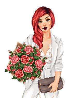 Gül buketi olan güzel bir kız. El çizimi moda kızı çizimi