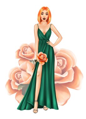Yeşil elbiseli ve gül çiçekli güzel kız. Moda kızı çizimi