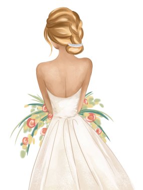 Çiçekli, el çizimi güzel bir gelin. Güzel bir gelin modeli. Moda skeci