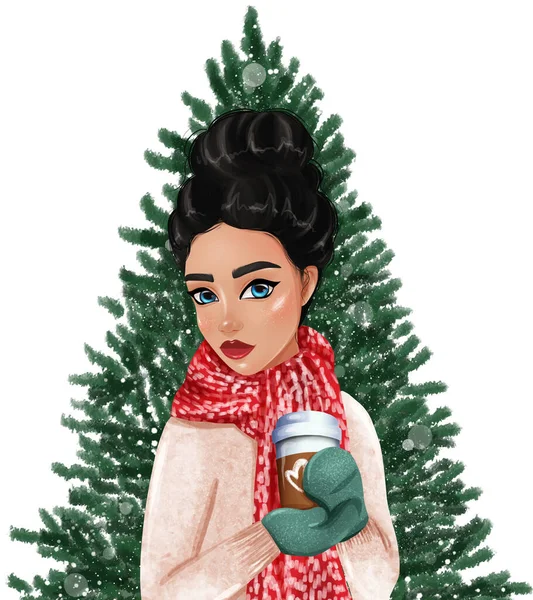 Girl holding coffee on Christmas tree background. Hand drawn winter illustration