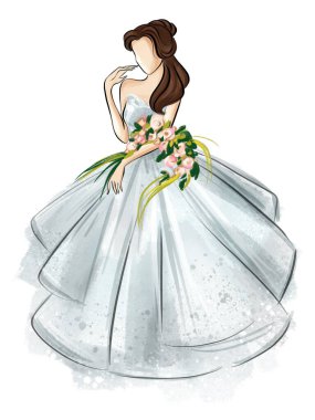 Gelin modeli skeci. El çizimi moda illüstrasyonu