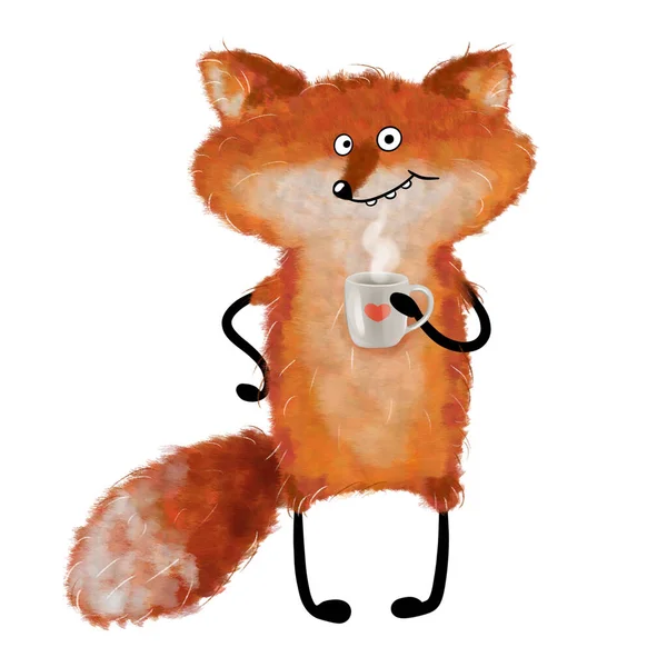 Cute fox with cup of coffee. Hand drawn fox illustration