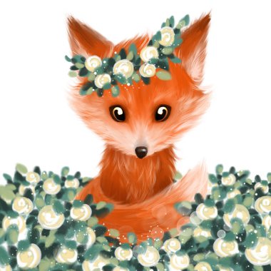 Çiçek bahçesinde oturan küçük kızıl tilki. El çizimi illüstrasyon