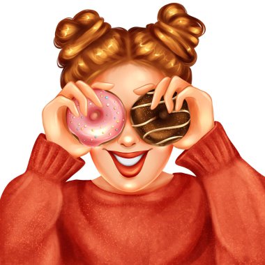 Donut tutan güzel bir kız. El çizimi moda illüstrasyonu