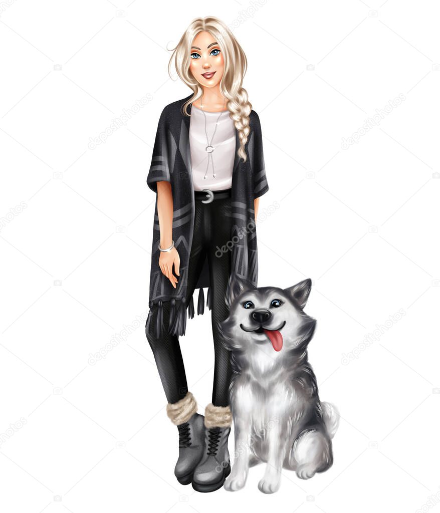 Beautiful girl with husky dog. Hand drawn fashion illustration