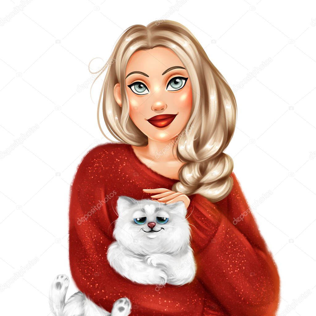 Pretty girl holding fluffy white cat. Hand drawn girl illustration