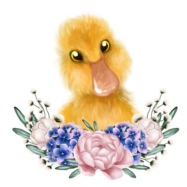 Cute duck portrait in floral wreath. Hand drawn kids illustration