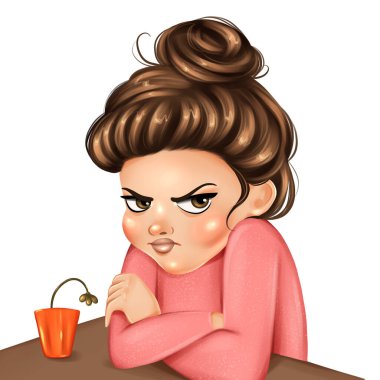 Cute offended girl portrait. Hand drawn girl illustration