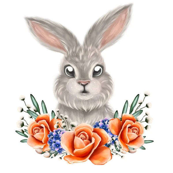 Cute Rabbit Portrait Floral Wreath Hand Drawn Kids Illustration — Stock Fotó