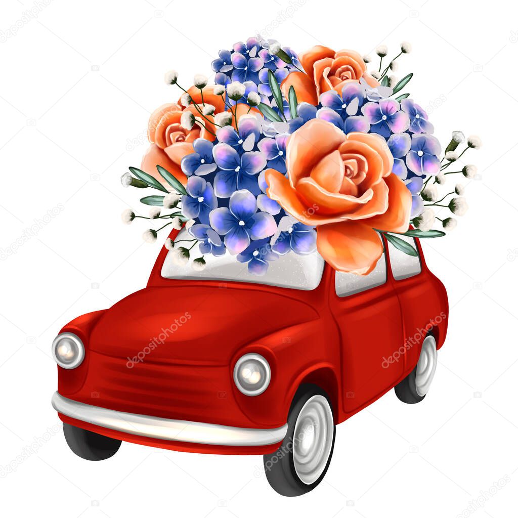 Red car with bouquet of flowers. Hand drawn kids illustration
