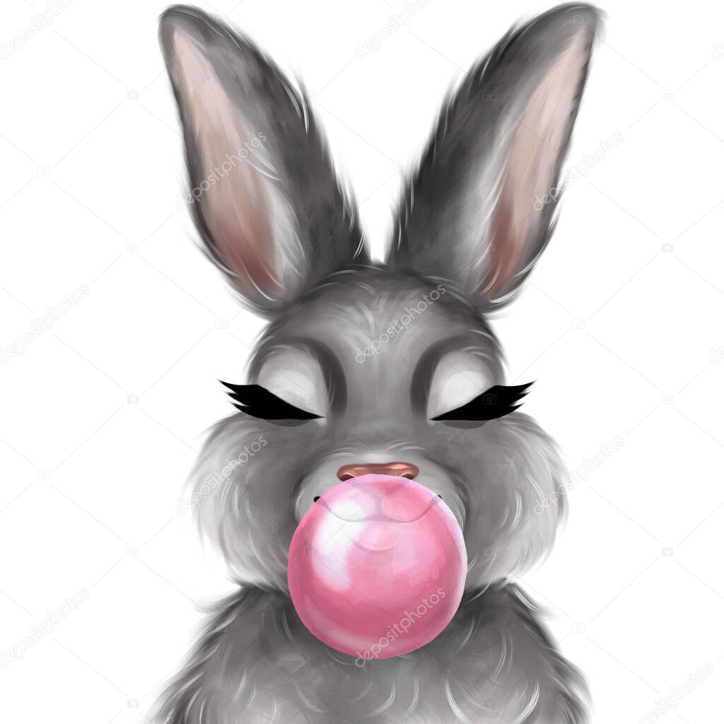 Cute bunny blowing bubble gum. Hand drawn kids illustration