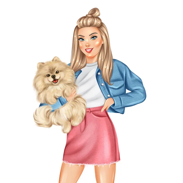 Meisje Met Spitz Hond Handgetekende Mode Illustratie Voor Ontwerp — Stockfoto