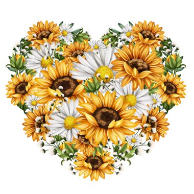 Ayçiçeğinin kalp şeklindeki çelengi. Tasarımınız için çiçek unsurları