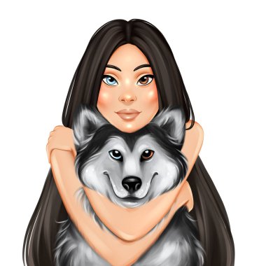 İri köpeğe sarılan kız. El çizimi kız ve köpek çizimi