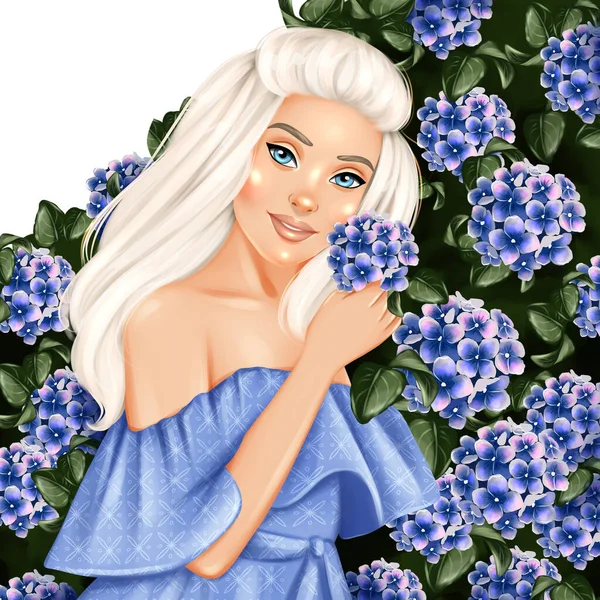 Bella Ragazza Fiori Ortensia Illustrazione Moda Disegnata Mano — Foto Stock