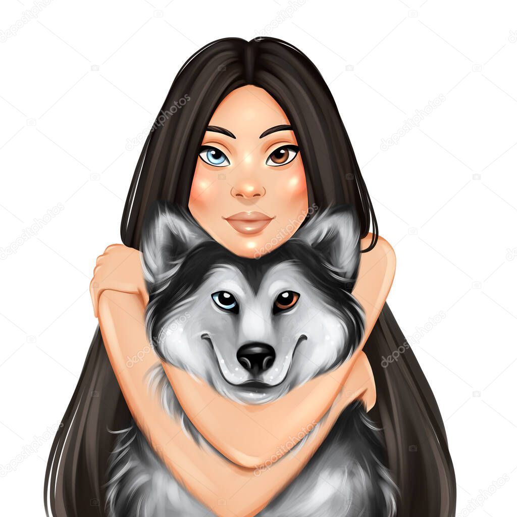 Girl hugging husky dog. Hand drawn girl and dog illustration