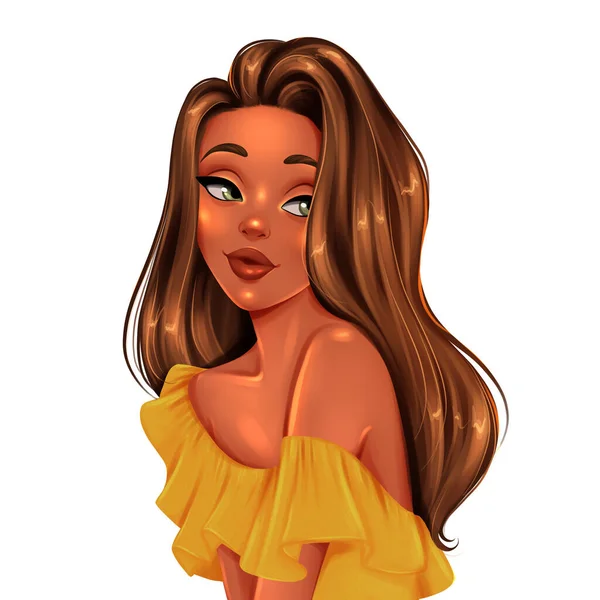 Belle Fille Robe Jaune Illustration Mode Dessinée Main — Photo