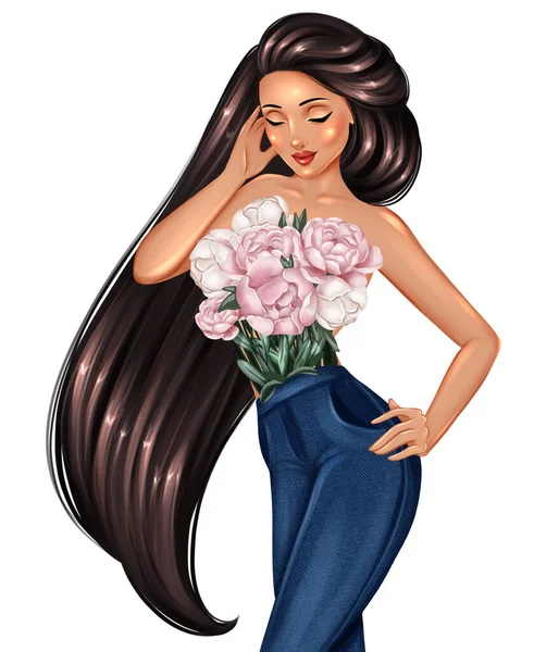ジーンズに牡丹の花束を持つ美しい女の子 手描きのファッションイラスト — ストック写真