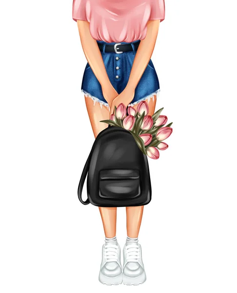 背包带郁金香花束女孩的时装素描 — 图库照片