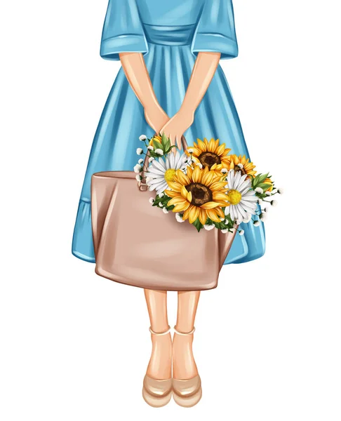 提包和葵花花花束的女孩的时装素描 — 图库照片