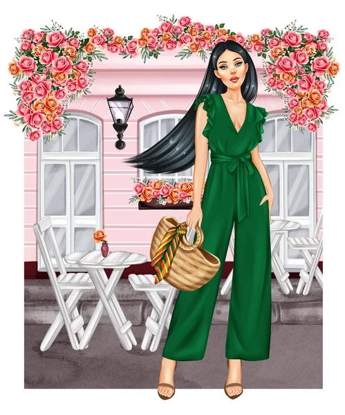 漂亮的女孩 购物袋在咖啡店的橱窗前 手绘时尚插图 — 图库照片