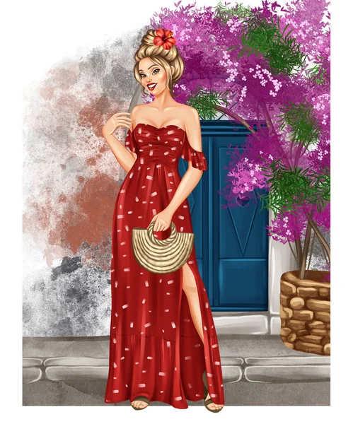 街上穿着红色衣服的漂亮女游客 手绘时尚插图 — 图库照片