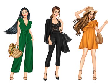 Alışveriş torbalı kızlar. El çizimi moda illüstrasyonu