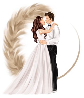 Düğün çifti portresi. El yapımı düğün tebrik kartı.