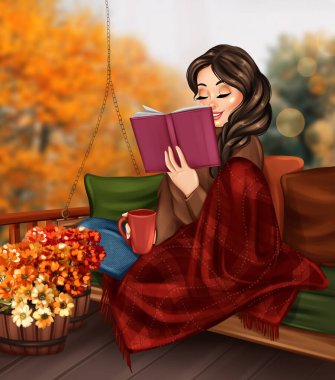 Terasta kitap okuyan bir kız. El çizimi moda sonbahar çizimi