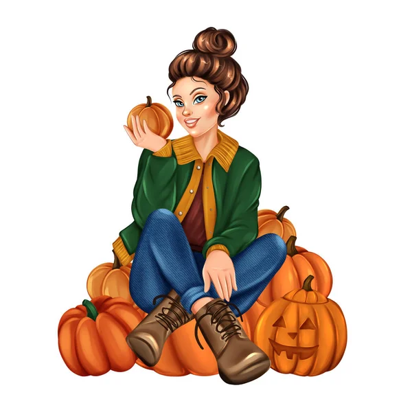 Девушка Сидящая Тыквах Ручной Рисунок Осенью — стоковое фото