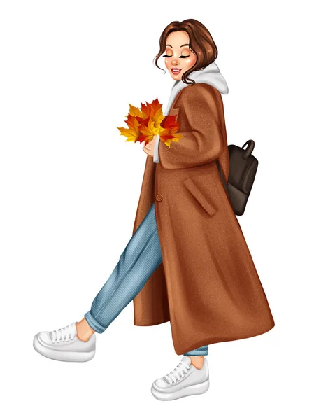 穿着褐色外套 枫叶的女孩 手绘秋图 — 图库照片