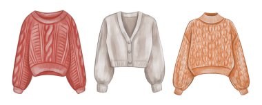 Suluboya örgü süveter takımı. El çizimi fahion rahat süveter koleksiyonu