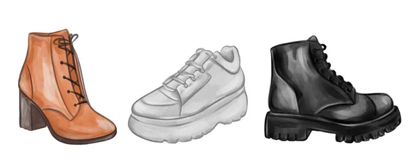 Aquarell Sneaker Set Stiefel Handgezeichnete Fahion Schuhe Kollektion — Stockfoto