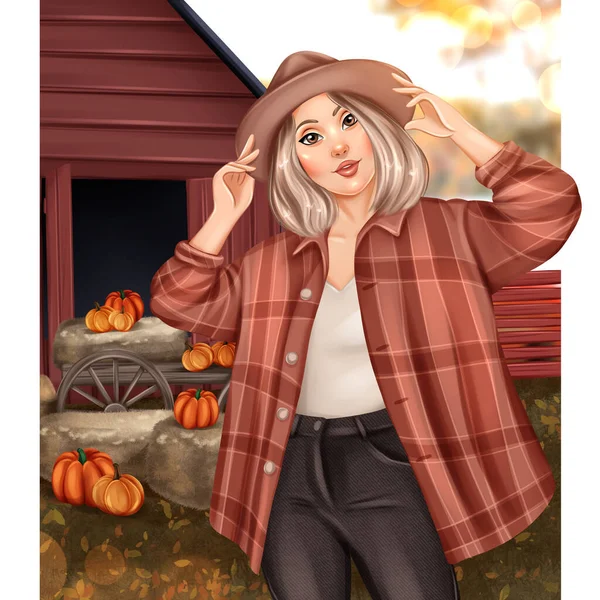 Dívka Farmě Ručně Kreslené Podzimní Dívka Ilustrace — Stock fotografie