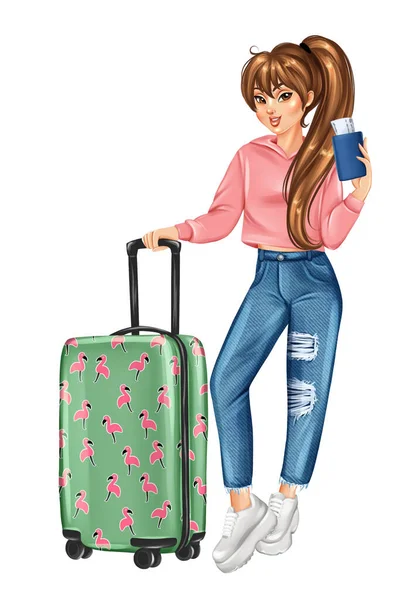 Meisje Met Bagage Vakantie Handgetekende Toeristische Illustratie — Stockfoto