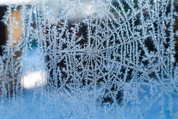 Mrazivý Pavučinový Vzor Průhledném Skle Zimní Pozadí — Stock fotografie